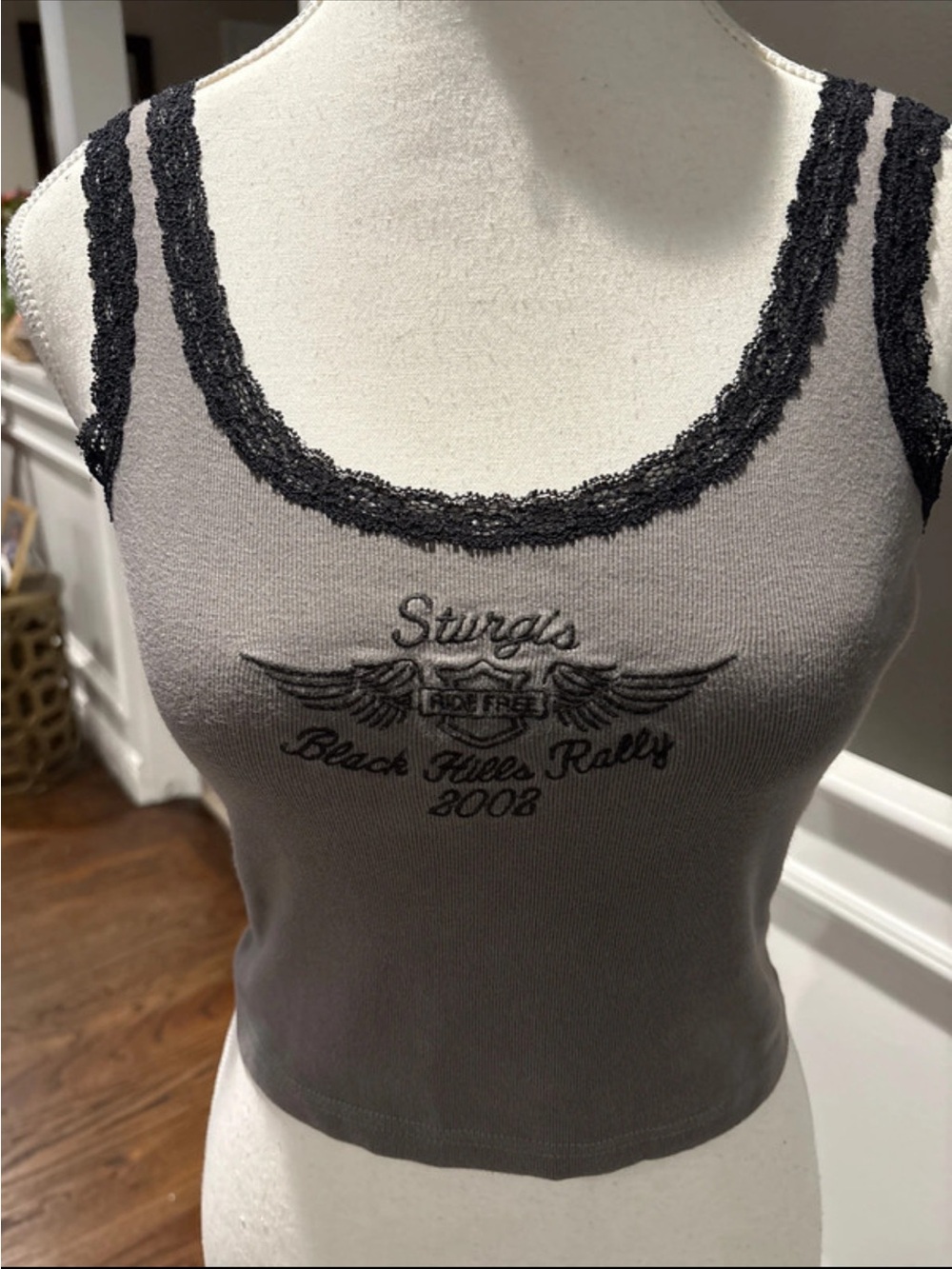 Brandy Melville Sturgis Gray Tank with Black Lace Trim